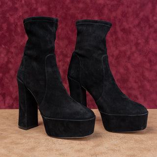 Stuart Weitzman Women SkyHigh Stretch Black Suede Platform Festival Boots sz 9.5