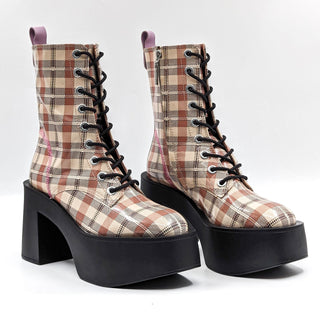 Larroude Women Olivia Platform Plaid Patent Leather Combat Boots size 7.5