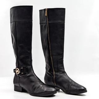 Michael Kors Women Harland Black Leather Gold Logo MK Riding Boots size 8