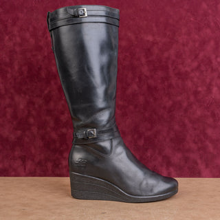 UGG Women Lesley Black Waterproof Leather Wedge Fashion Knee Boots sz 10
