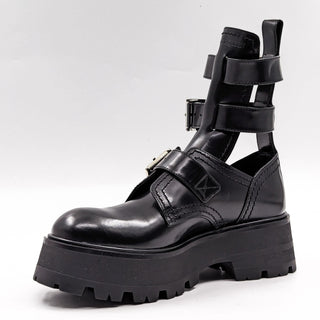 Alexander McQueen Wmn Rave Black Leather Buckle Festival Platform Boots 7US 37EUR