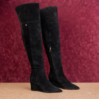 Larroude Wmn Black Suede Zip Handmade Pointy Toe Fashion Wedge OTK Boots sz 6.5