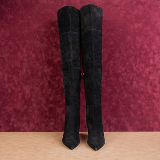 Larroude Wmn Black Suede Zip Handmade Pointy Toe Fashion Wedge OTK Boots sz 6.5