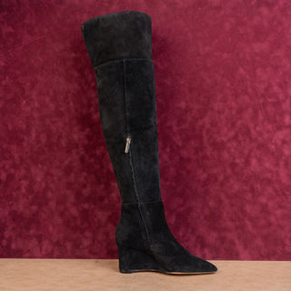 Larroude Wmn Black Suede Zip Handmade Pointy Toe Fashion Wedge OTK Boots sz 6.5