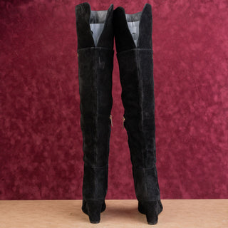 Larroude Wmn Black Suede Zip Handmade Pointy Toe Fashion Wedge OTK Boots sz 6.5