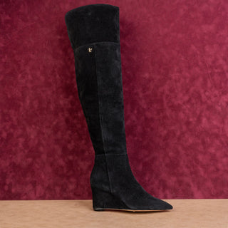 Larroude Wmn Black Suede Zip Handmade Pointy Toe Fashion Wedge OTK Boots sz 6.5