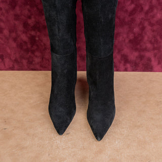Larroude Wmn Black Suede Zip Handmade Pointy Toe Fashion Wedge OTK Boots sz 6.5