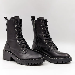 Zara Wmn Black Leather Studded Round Lace-up Combat Boots 6US EUR 36