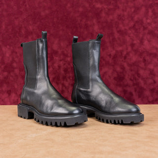 AllSaints Women Hallie Black Leather Lug Mid Calf Chelsea Ankle Boots 8US EUR38