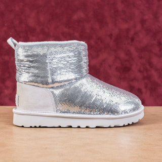 UGG Women Ultra Mini Mirror Ball Silver Sequin Winter Ankle Boots sz 6