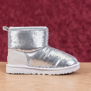 UGG Women Ultra Mini Mirror Ball Silver Sequin Winter Ankle Boots sz 6
