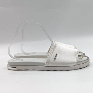 DKNY Women Brand Logo Embossed Flat Slide White Fabric Sandals size 8M