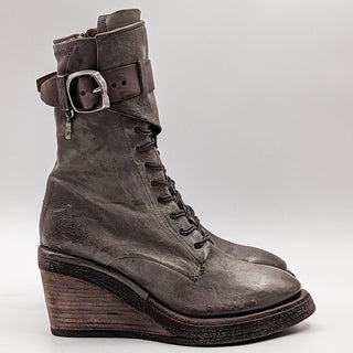 AS98 Wmn Tatcher Grey Distressed Leather Buckle Wedge Boots sz 9.5-10US EUR41