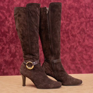 Charles Jourdan Women Vintage Y2K Brown Suede Fashion Party Zip Knee Boots sz 7
