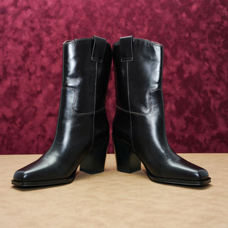 Franco Sarto Women Black Leather Western Square Toe Slip on Boots sz 10