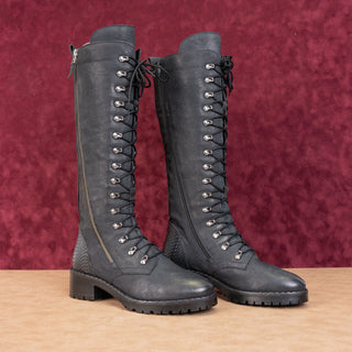 Vintage Foundry Women Henrietta Black Leather Lace-up Zip Combat Knee Boots sz 9