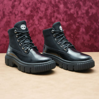 Timberland Women Greyfield Black Canvas Patent Leather Lace-up Stomp Boots sz 7