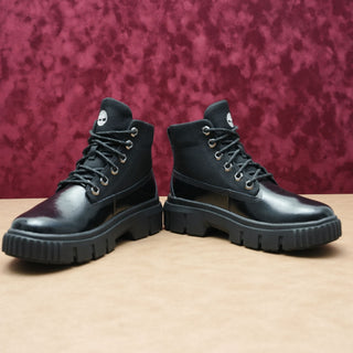 Timberland Women Greyfield Black Canvas Patent Leather Lace-up Stomp Boots sz 7