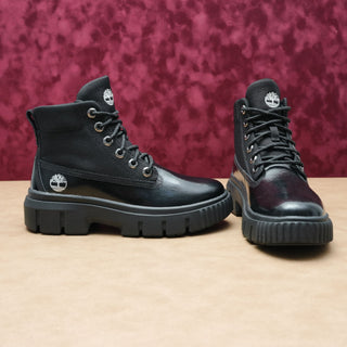 Timberland Women Greyfield Black Canvas Patent Leather Lace-up Stomp Boots sz 7