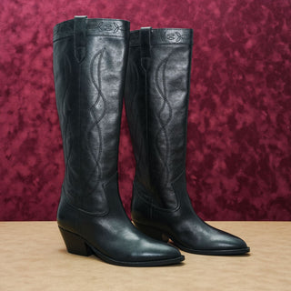 Marc Fisher Women Deania Western Cowboy Black Leather Tall Knee Boots sz 6.5