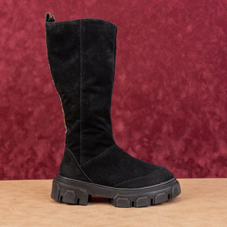 Farm Rio Women Festival Party Platform Black Fabric Retro Zip Knee Boots sz 8.5