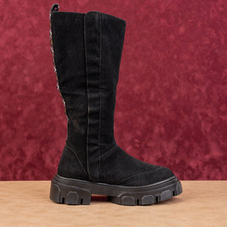 Farm Rio Women Festival Party Platform Black Fabric Retro Zip Knee Boots sz 8.5