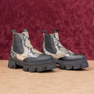 Ganni Women Chelsea Platform Cleated Lug Snake Print Leather Boots Sz 6US EUR37