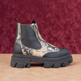 Ganni Women Chelsea Platform Cleated Lug Snake Print Leather Boots Sz 6US EUR37