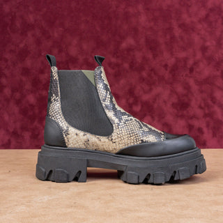 Ganni Women Chelsea Platform Cleated Lug Snake Print Leather Boots Sz 6US EUR37
