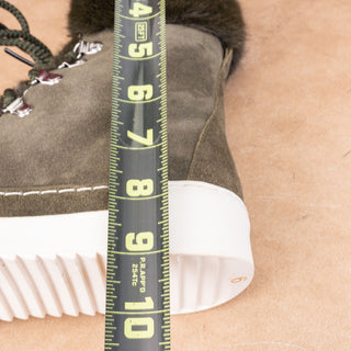 Cecilia NY Women Seymore Olive Green Suede Plush Faux Fur Cuff Lace-up Boots sz 9