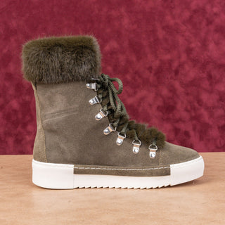 Cecilia NY Women Seymore Olive Green Suede Plush Faux Fur Cuff Lace-up Boots sz 9