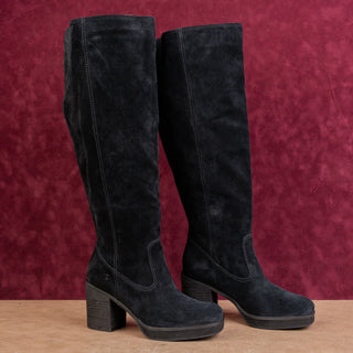 Zodiac Wmn Padma Black Suede Wide Calf Pull-On Chunky Heel Square Boots sz 6