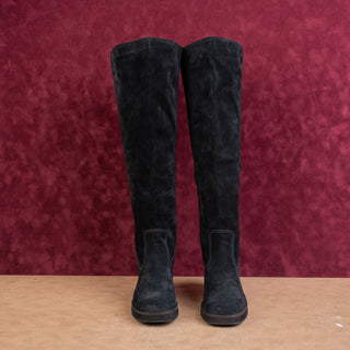 Zodiac Wmn Padma Black Suede Wide Calf Pull-On Chunky Heel Square Boots sz 6