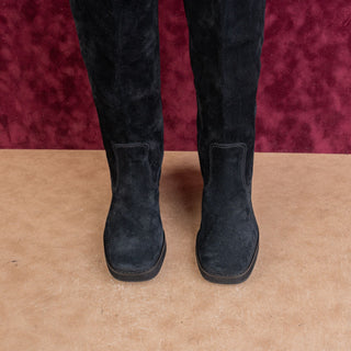 Zodiac Wmn Padma Black Suede Wide Calf Pull-On Chunky Heel Square Boots sz 6