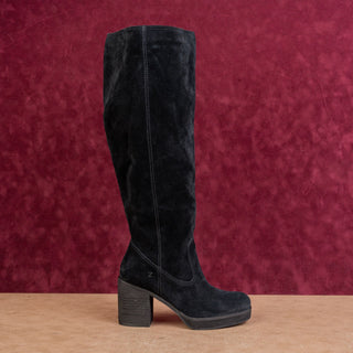 Zodiac Wmn Padma Black Suede Wide Calf Pull-On Chunky Heel Square Boots sz 6