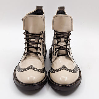 AGL Wmn Black White Italian Patent Leather Dress Office Combat Boots 9.5US EUR40