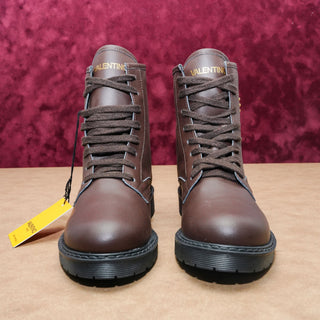 Valentino Women Marti Brown Leather Laceup V Logo Combat Boots sz 8