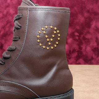 Valentino Women Marti Brown Leather Laceup V Logo Combat Boots sz 8