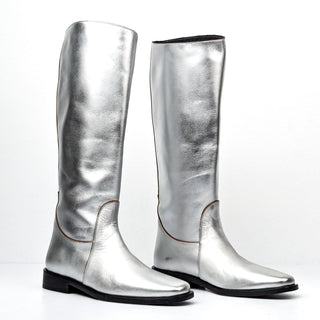 Khaite Women Wooster Metallic Silver Leather Riding Fashion Knee Boots 8US EUR38