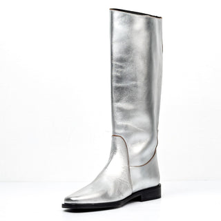 Khaite Women Wooster Metallic Silver Leather Riding Fashion Knee Boots 8US EUR38