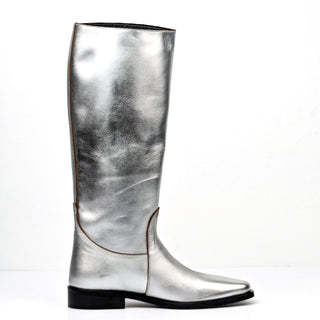 Khaite Women Wooster Metallic Silver Leather Riding Fashion Knee Boots 8US EUR38