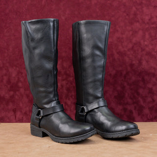 BOC Women Black Faux Leather Padded Harness Moto Wide Calf Boots sz 7.5