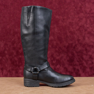 BOC Women Black Faux Leather Padded Harness Moto Wide Calf Boots sz 7.5