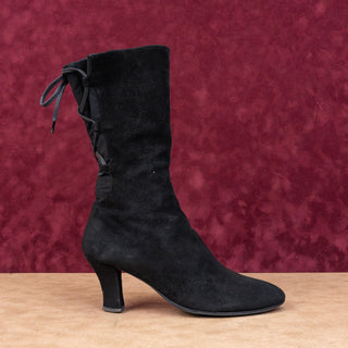 Thierry Raboutin Women Black Suede Back Lace Mid Calf Zip Boots sz 6.5US EUR37.5