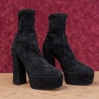 Stuart Weitzman Wmn SkyHigh Fashion Party Stretch Black Suede Platform Boots 8.5