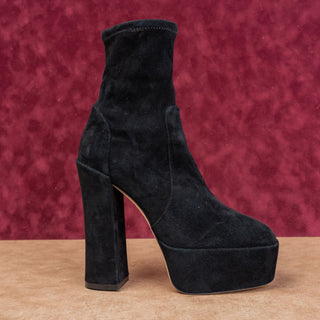 Stuart Weitzman Wmn SkyHigh Fashion Party Stretch Black Suede Platform Boots 8.5