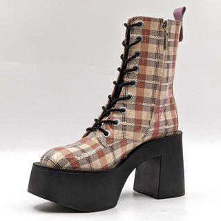 Larroude Women Olivia Platform Plaid Patent Leather Combat Boots size 7.5