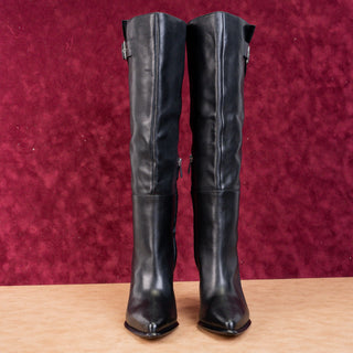 PAIGE Women Hazel Pointy Toe Black Leather Buckle Knee Boots size 7.5