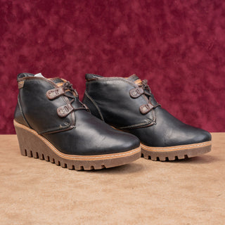 Pikolinos Women Maple Black Leather Lace-up Wedge Ankle Boots sz10US EUR41
