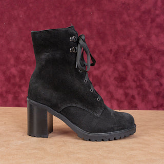 La Canadienne Women Parker Black Suede Lace-up Heel Ankle Boots sz 6.5